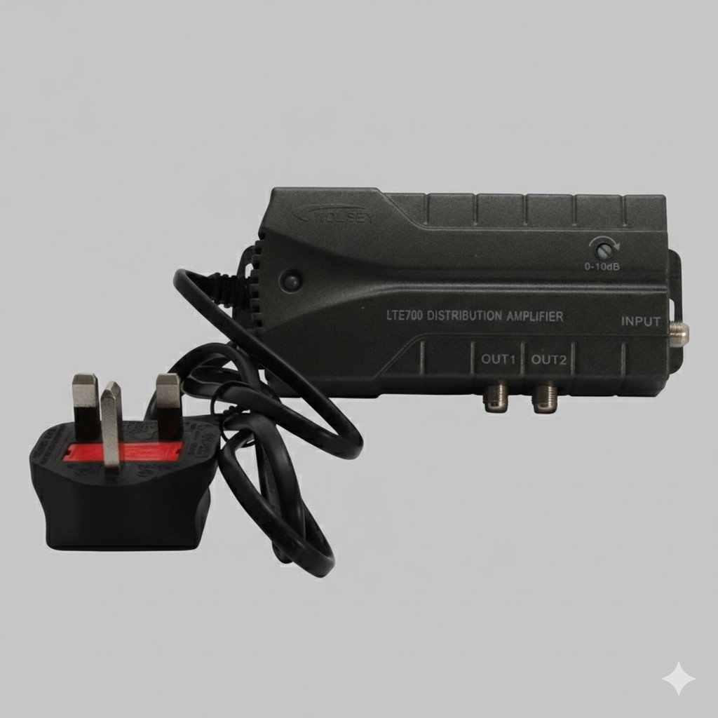 LTE 700, 2 Way Distribution Amp, 1 In 2 Out, Variable Gain 0-10dB, Line Powered