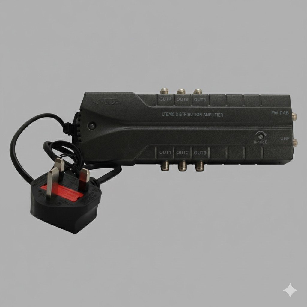 LTE 700, 6 Way Distribution Amp, 2 In 6 Out, Variable Gain 0-10dB, Line Powered