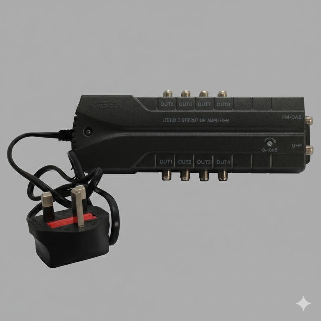 LTE 700, 8 Way Distribution Amp, 2 In 8 Out, Variable Gain 0-10dB, Line Powered